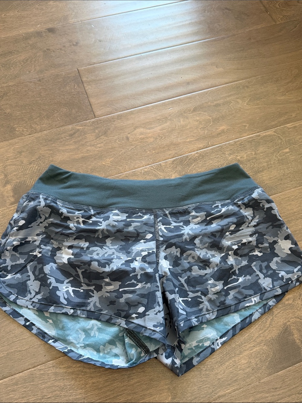 Women’s Gray Camo Athletic Shorts — High-Waist Performance